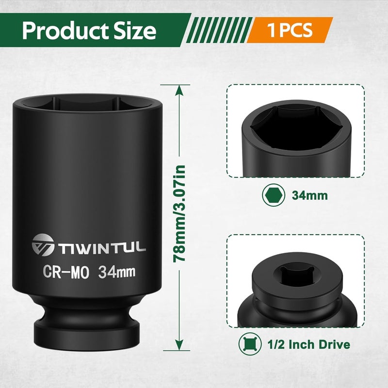 TIWINTUL 34mm Deep Impact Socket 1/2 Inch Drive, CR-MO Steel Impact Socket, 3.07" Length, 6 Point Design, Metric Size, Axle Nut Socket for Easy Removal of Axle Shaft Nuts - Image 2